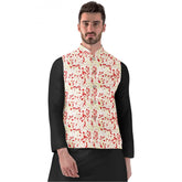 Red-Beige Jacquard Printed Men's Full Sleeve Waistcoat on mannequin, mandarin neck, button closure